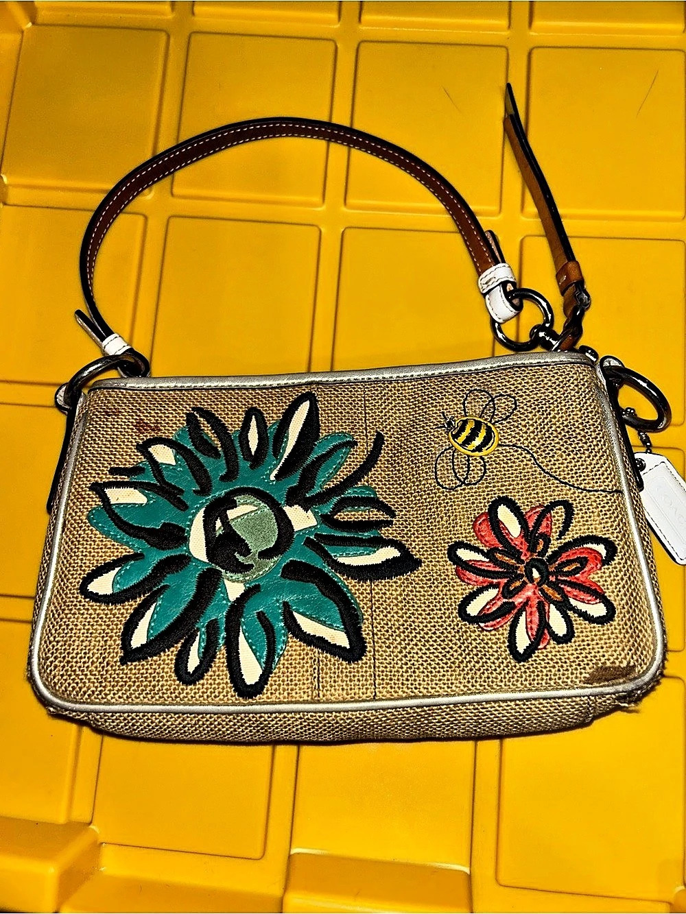 Coach Embroidered Bee Crossbody in Beige & Green